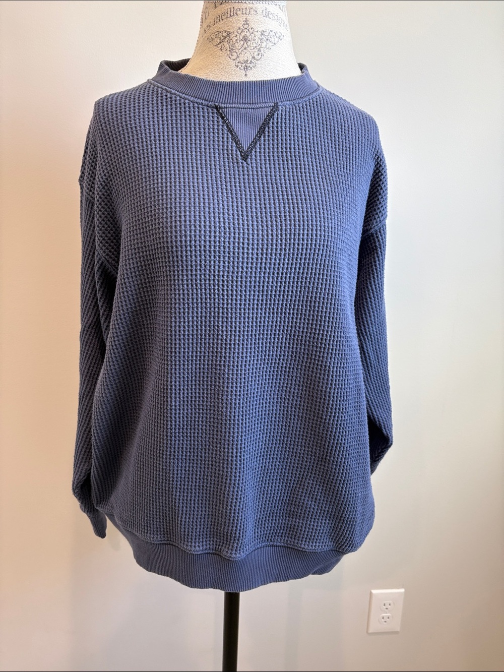 aerie Waffle-Knit Crewneck Sweater in Slate Blue